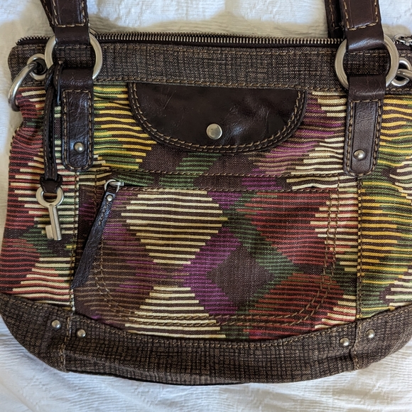 Fossil Colorful Canvas Stripes Adj StrapCrossbody Purse Brown Multi Stripes VTG - Picture 1 of 10